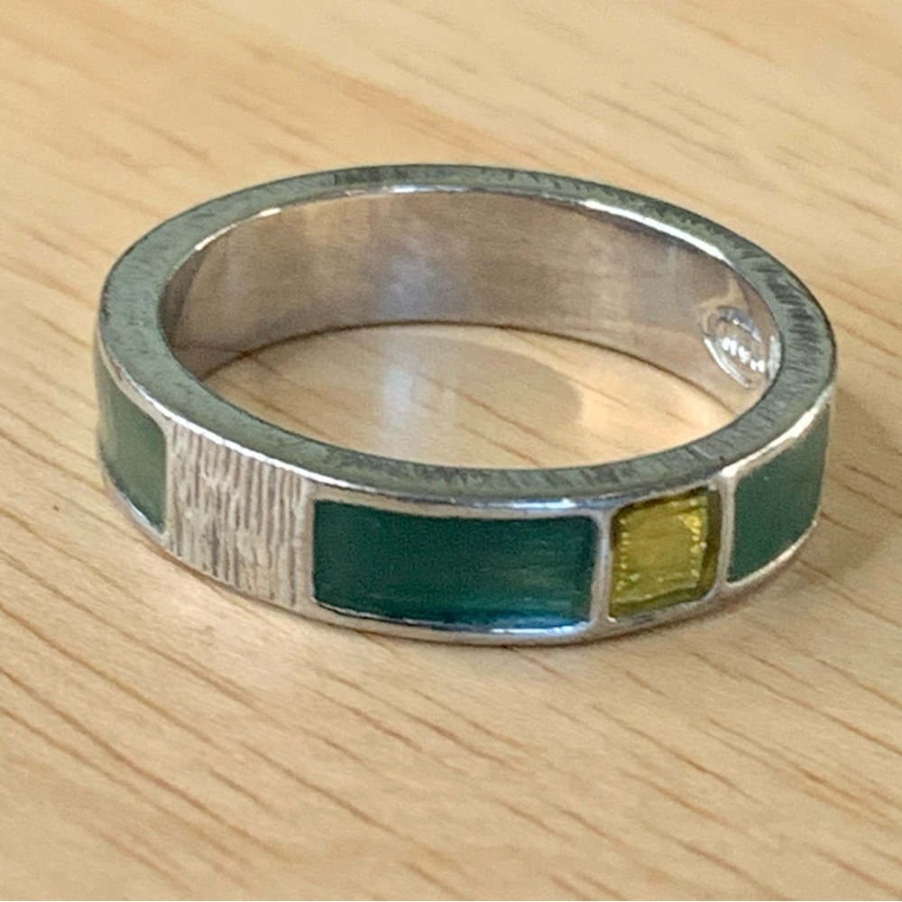 Avon Stackable Enamel Silver Plated Ring Band Green Yellow Enamel Inlay Size 7.5